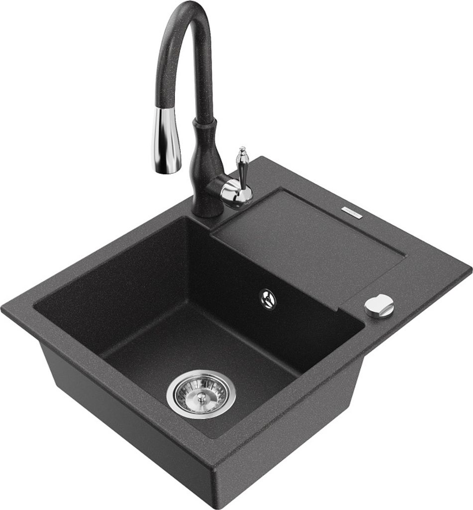 Mexen Enzo 1 Becken-Granitspüle mit Abtropffläche und Mischbatterie Savita, Schwarz gesprenkelt - 6506-76-672601-76