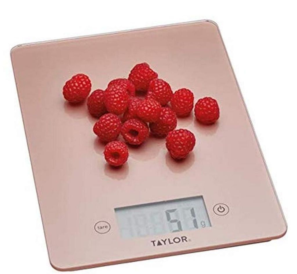 Taylor TYPSCALE5PEWT / TYPSCALE5SIL / TYPSCALE5RGLD / TYPSCALE5COP Elektronische KÃ1/4chenwaage mit LCD-Infodisplay, Messbereich bis 5 kg, Glas-Wi...