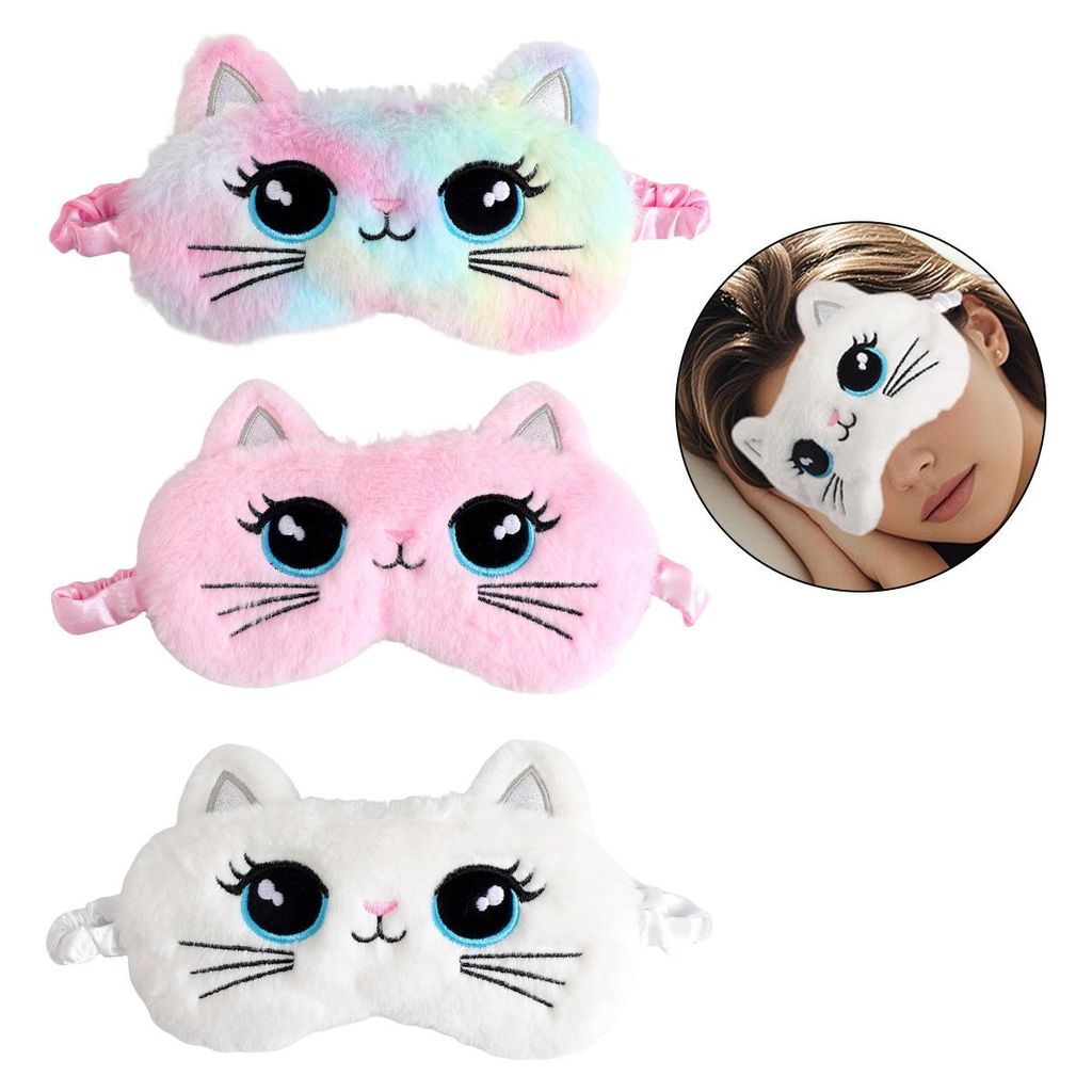 3er Set Schlafmasken mit Katzenmotiv, weicher Plüsch, verstellbares Band, Lichtblockierung, ideal für Kinder & Reisen