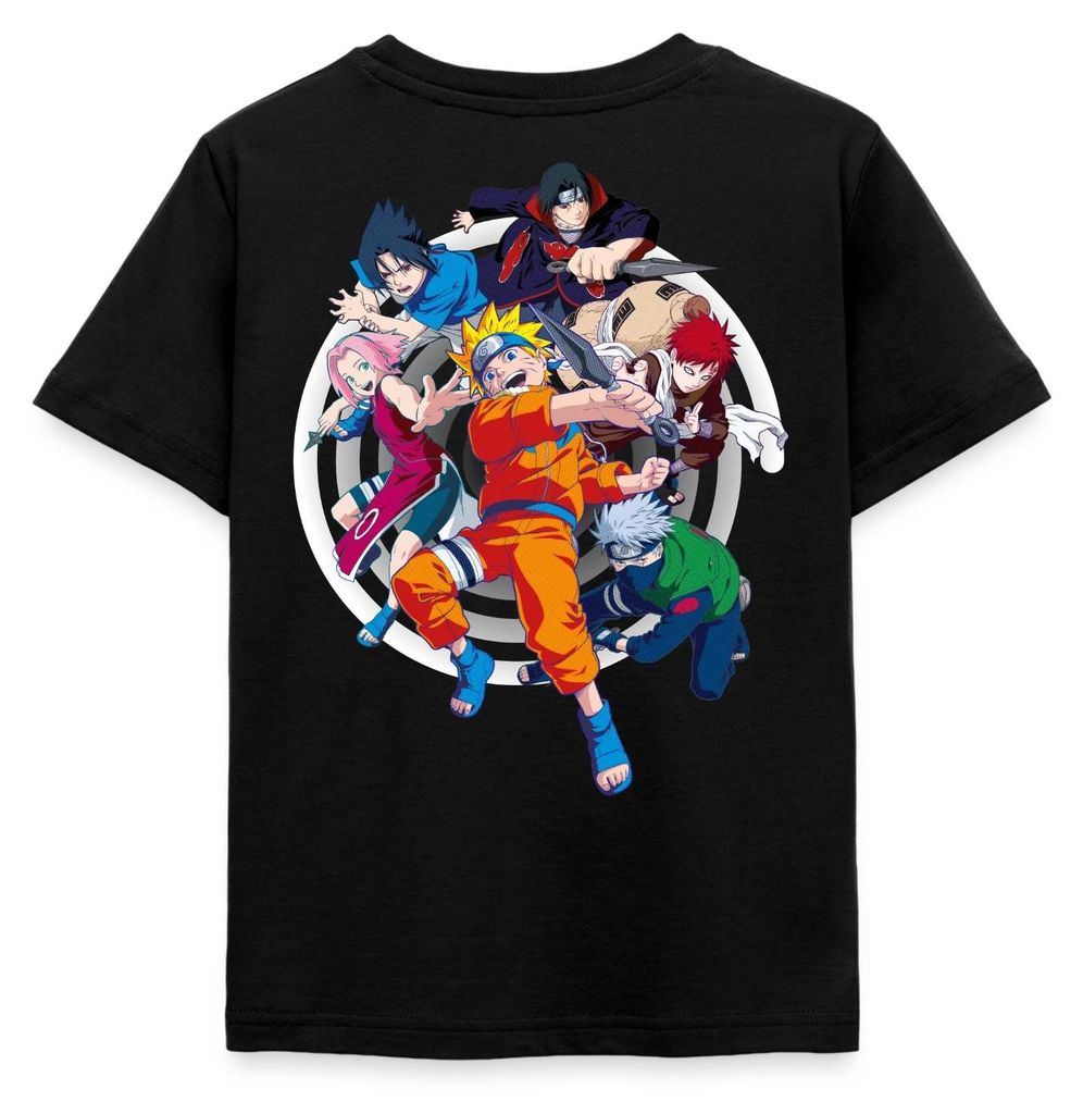 Spreadshirt Naruto Brustlogo Und Charaktere Um Naruto Kinder T-Shirt, 110/116 (5-6 Jahre), Schwarz