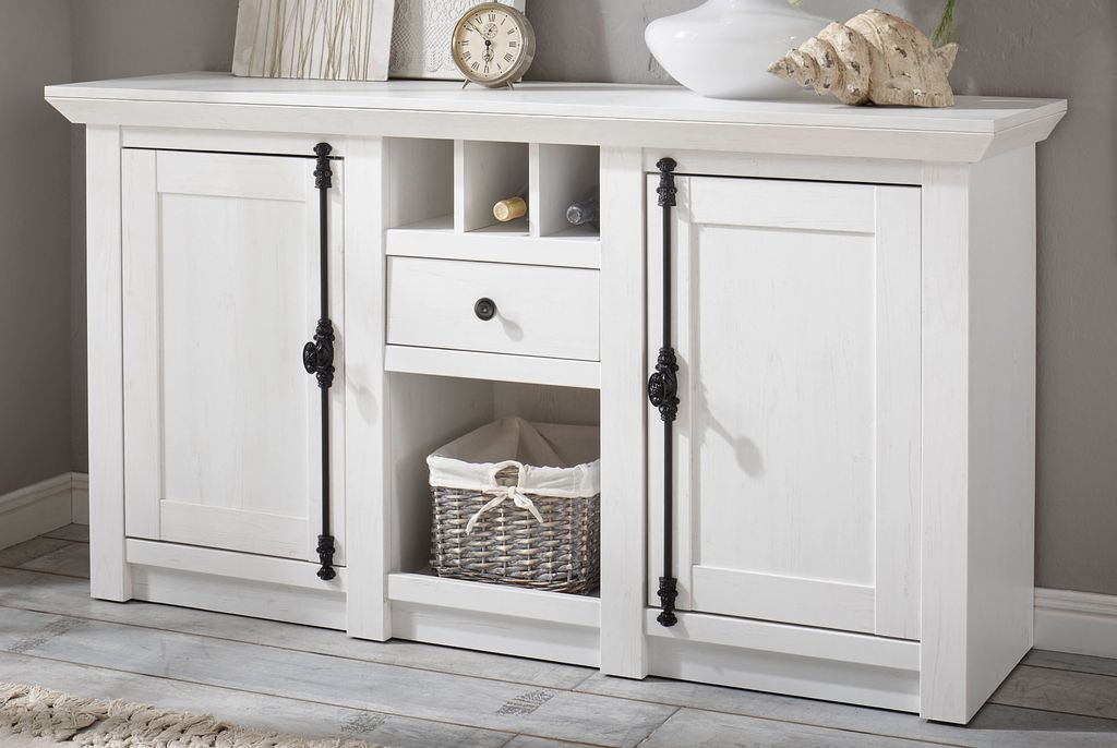 Sideboard "Hooge" in Pinie weiß Landhaus Kommode mit Weinregal 152 x 83 cm