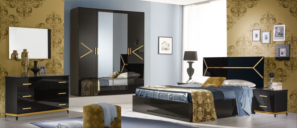 Schlafzimmer-Set Eleganza 6-Teilig in Schwarz/Gold Hochglanz 6-Türig