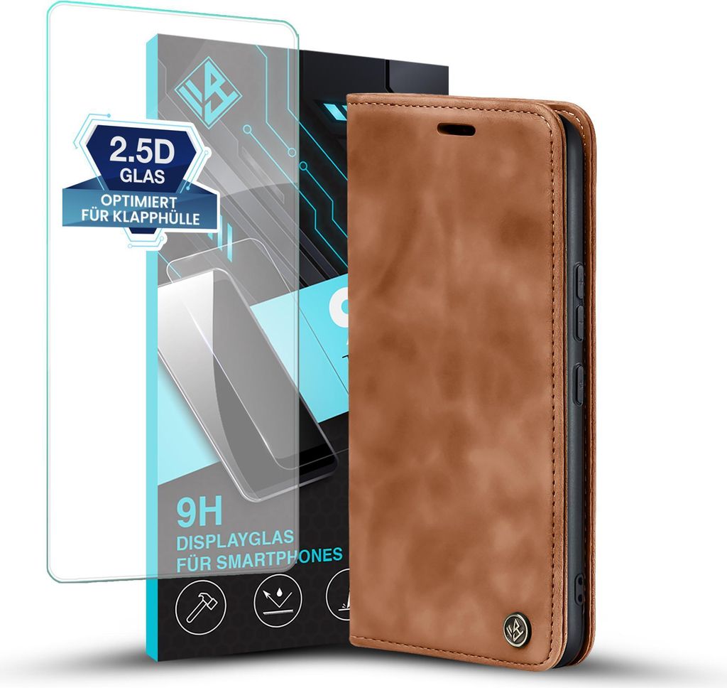 Handy Hülle für Xiaomi 14 Pro mit 9H Displayglas Klapphülle Bookcase Flip Cover Handy Tasche Etui Farbe: Hellbraun