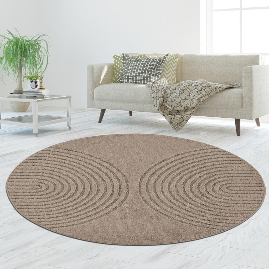 Teppich Braun mit 3D-Kreismuster pflegeleicht und robust Größe - 120 cm Rund