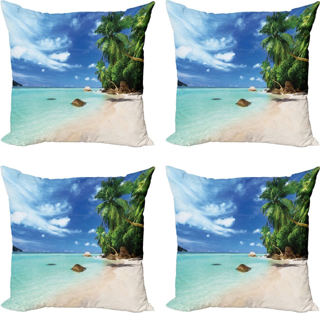 ABAKUHAUS Urlaub Kissenbezug Set (4 Stück), Seascape Nature Jungle, Moderner Doppelseitiger Digitaldruck, 45 cm x 45 cm, Mint Green Grün Blau