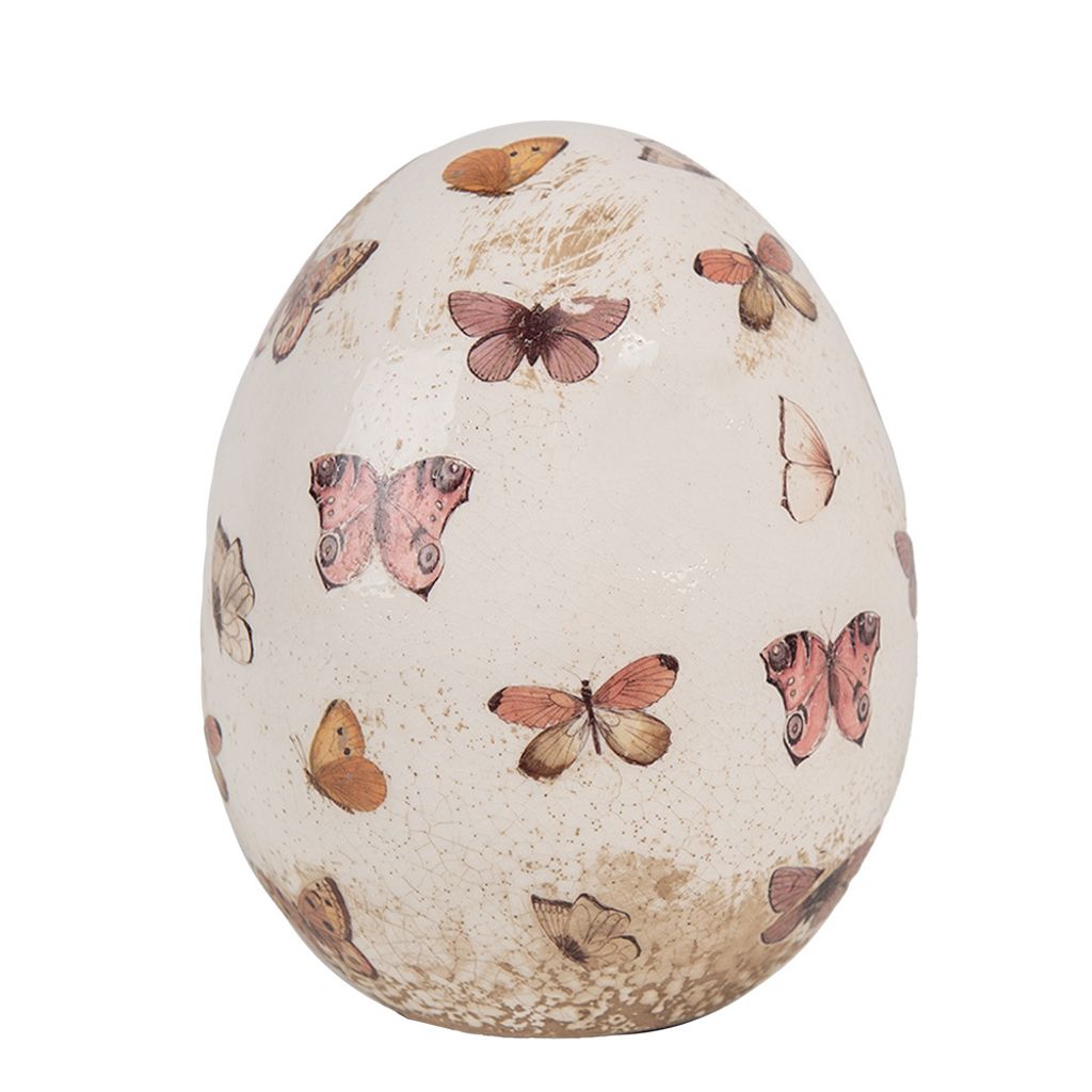 Clayre & Eef Dekoration Ei Ø 10x12 cm Beige Rosa Keramik Schmetterlinge