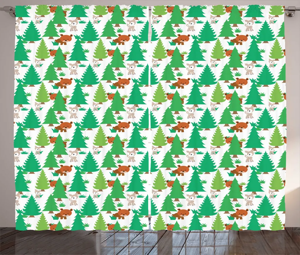 ABAKUHAUS Rideau Rustique Motif Ours et Pin 280 x 225 cm Blanc Vert