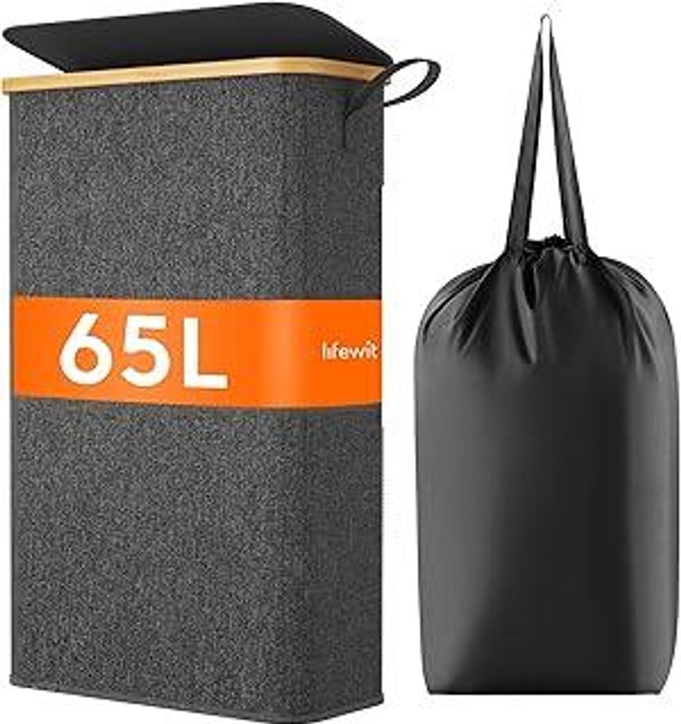Lifewit 65L Wäschekorb Schmal mit Deckel, Faltbarer Wäschesammler Schmal mit Wäschesack, Laundry Basket Wäscheboxen aus Bambus mit Tragegriff f...