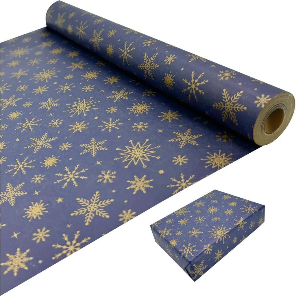 Rouleau de papier cadeau kraft bleu et or pour emballages de Noël