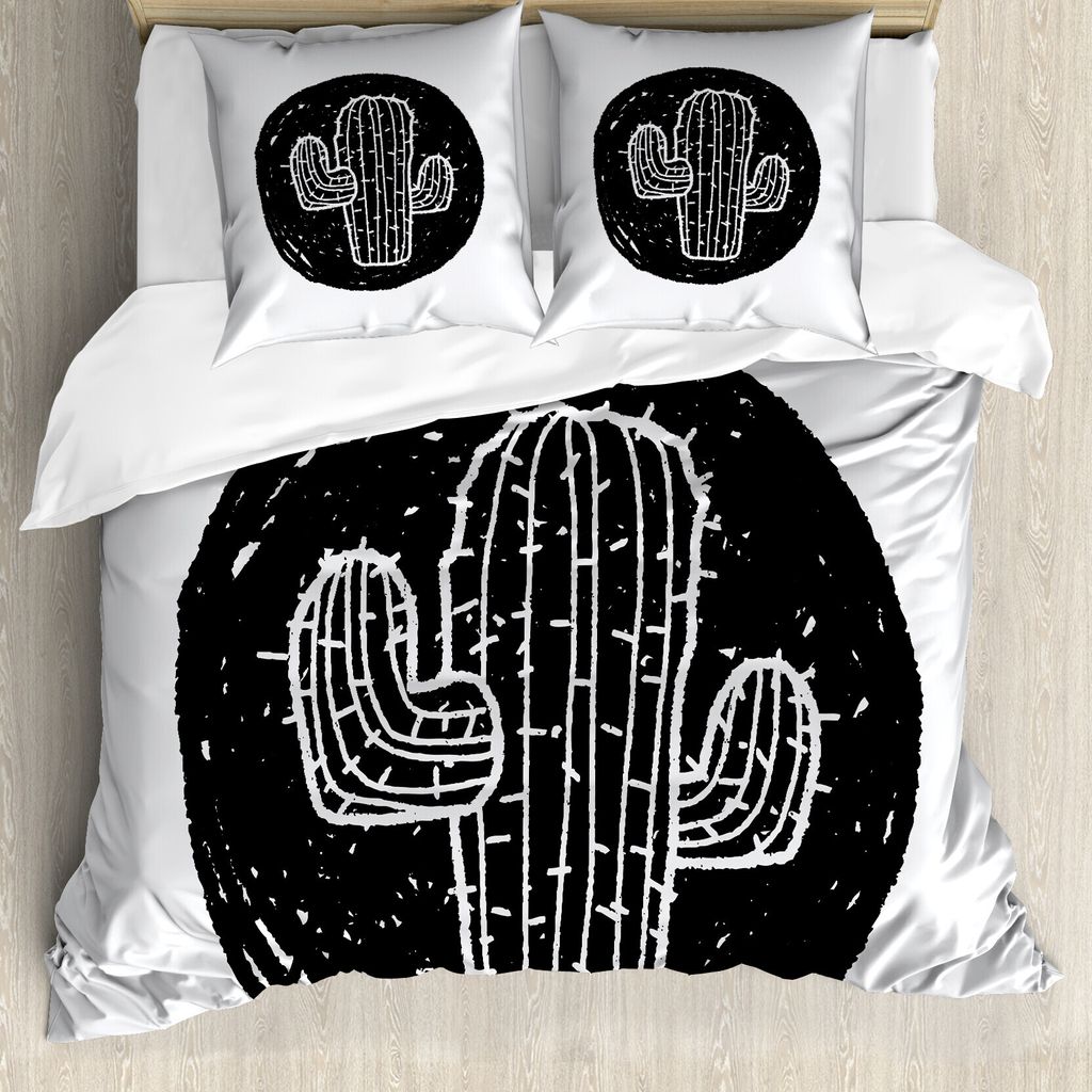 ABAKUHAUS Kaktus Bettbezug, Saguaro Pflanze Theme, Milbensicher Allergiker geeignet mit Kissenbezügen, 155 cm x 220 cm - 80 x 80 cm, Schwarz-Weiss