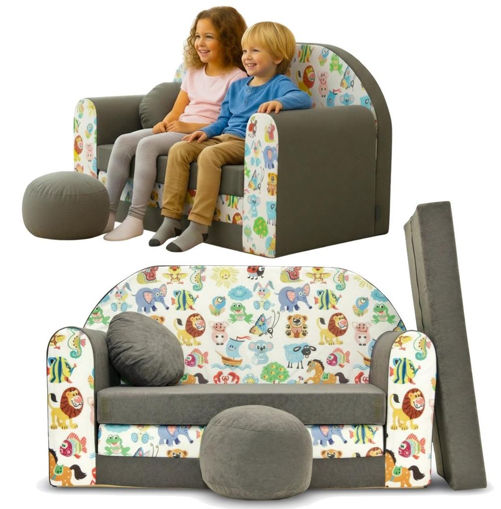 TUPPI Kindersofa Kinder Couch mit Schlaffunktion ausklappbar, 168x98cm, Set mit Kissen und Fußstütze, Spielsofa, Bettfunktion - Mädchen Jungen, ...