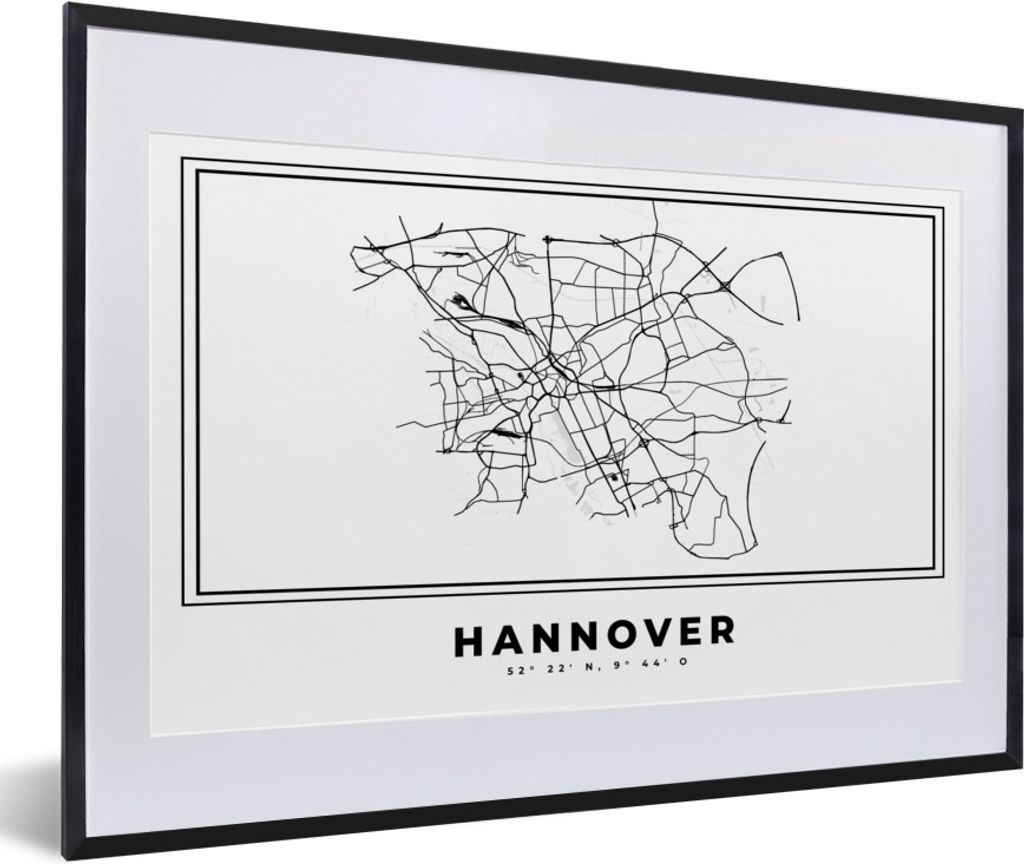 MuchoWow Gerahmtes Poster Schwarz und weiß - Deutschland - Karte - Stadtplan - Hannover 60x40 cm - Poster mit Schwarzem Bilderrahmen Wandposter ...