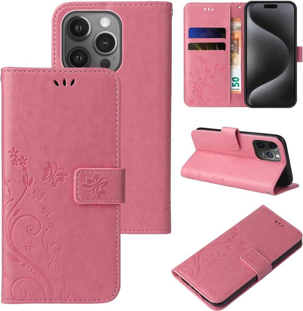 Handyhülle für Apple iPhone 15 Pro Max Floral Blumen Schmetterling Flip Cover Hülle Case Klapphülle Handytasche Farbe: Rosegold