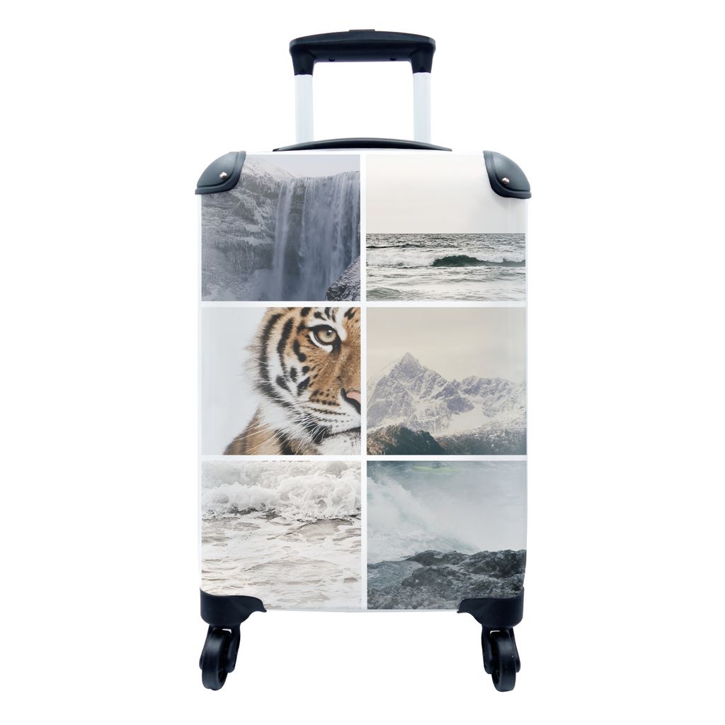 MuchoWow Koffer Handgepäck Trolley Rollkoffer Kleine Reisekoffer mit 4 Rollen - Tiger - Collage - Wasserfall - Meer - Cabin Size < 55x40x23 cm &...