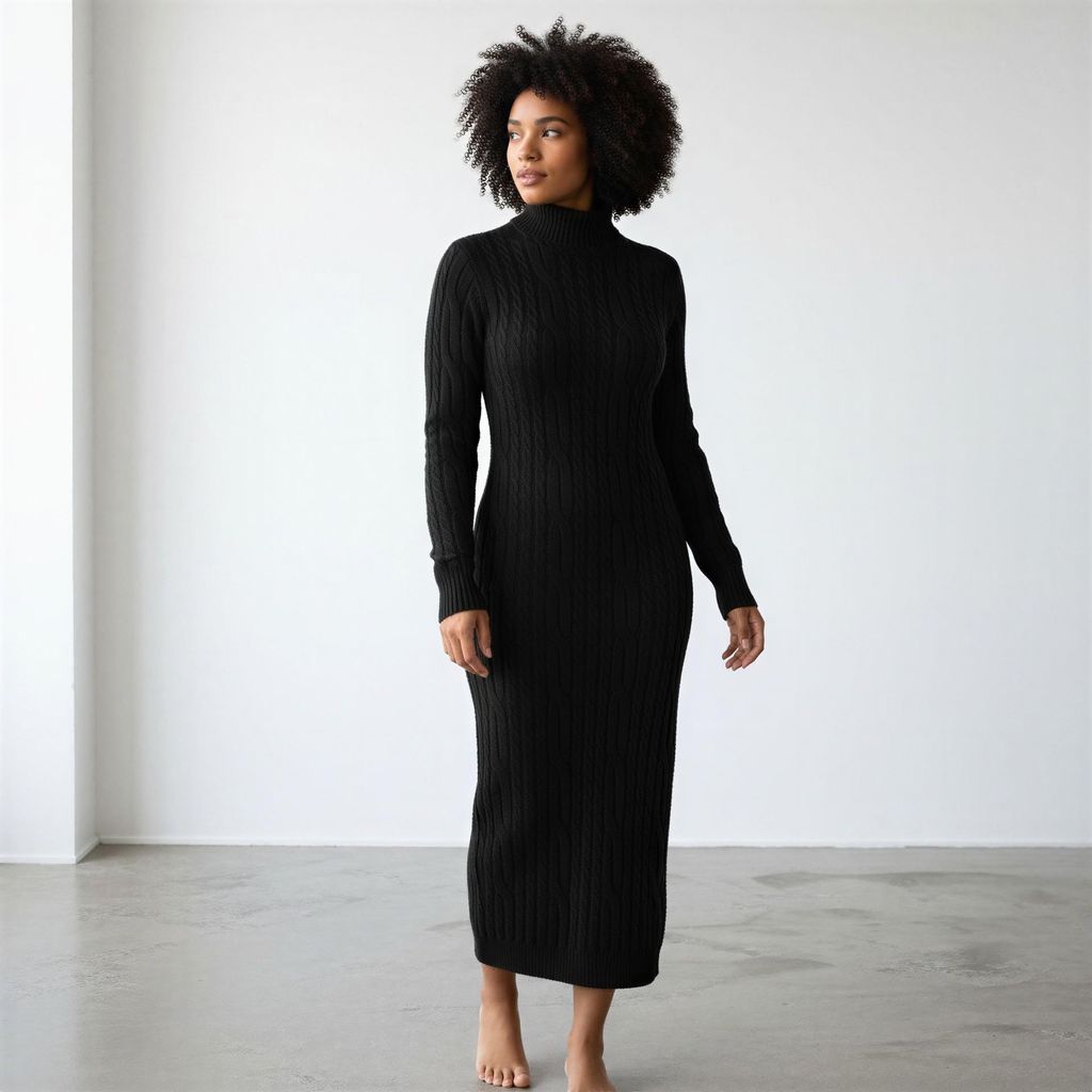 Strickkleid Lang Damen Maxikleid mit Zopfmuster Gr. 38 40 42 Langarm Rollkragen