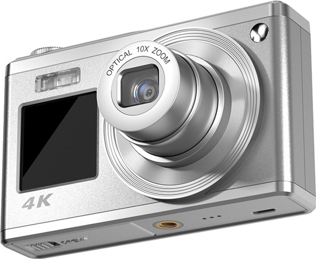 A silver digital camera is shown from a three-quarter angle against a white background.
