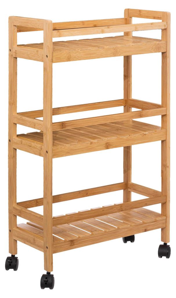 A three-tier bamboo shelving unit with wheels.