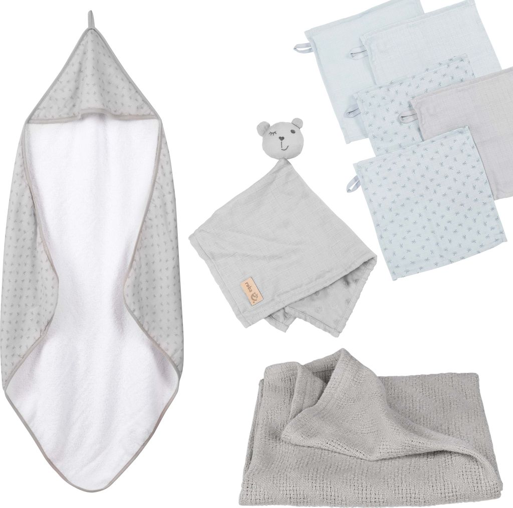 roba organic Geschenkset 'Lil Planet' silbergrau, Handtuch, Waschlappen, Schmusetuch & Decke, GOTS