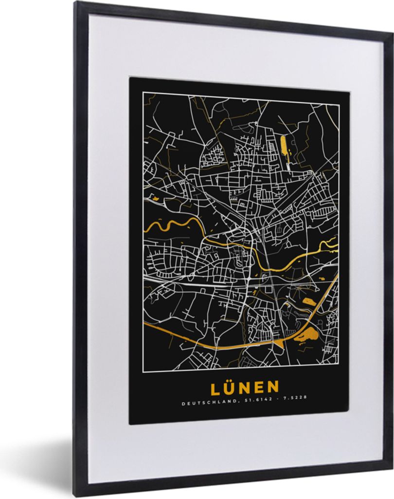 MuchoWow Gerahmtes Poster Stadtplan - Schwarz und Gold - Lünen - Karte - Deutschland 30x40 cm - Poster mit Schwarzem Bilderrahmen Wandposter Rah...