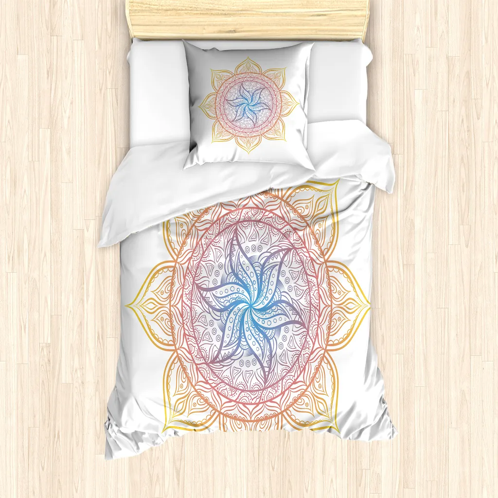 ABAKUHAUS Set copripiumino arcobaleno mandala per letti singoli, fiori, antiacaro, adatto a chi soffre di allergie, con federa, 135 cm x 200 cm - 80 x 80 cm, multicolore