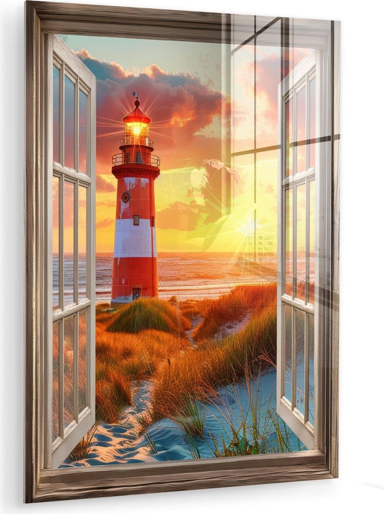 MuchoWow Glasbilder - Bilder auf Wandbild - Foto auf Glas Aussicht - Fenster - Leuchtturm - Sonnenuntergang - Strand 30x40 cm Wanddekoration aus Gl...