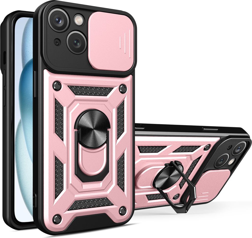 iPhone 15 Plus Hülle mit Magnetische Ring Ständer Halter Dia Kameraschutz TPU Bumper Silikon Schutzhülle für iPhone 15 Plus Rosa