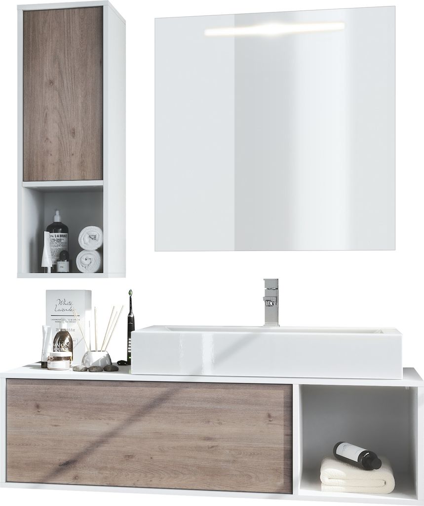 Vladon Badmöbel Komplettset La Costa, Germany, Korpus in Weiß matt / Fronten in Eiche Nordic, mit Aufsatzwaschbecken, Armatur und LED Spiegel