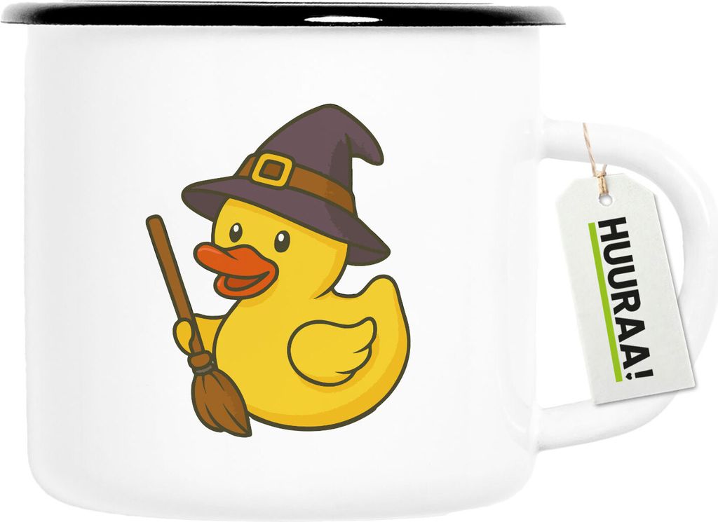 Huuraa Emaille Tasse Quietscheente Hexe Comic Gummiente 300ml Vintage Campingbecher Geschenkidee