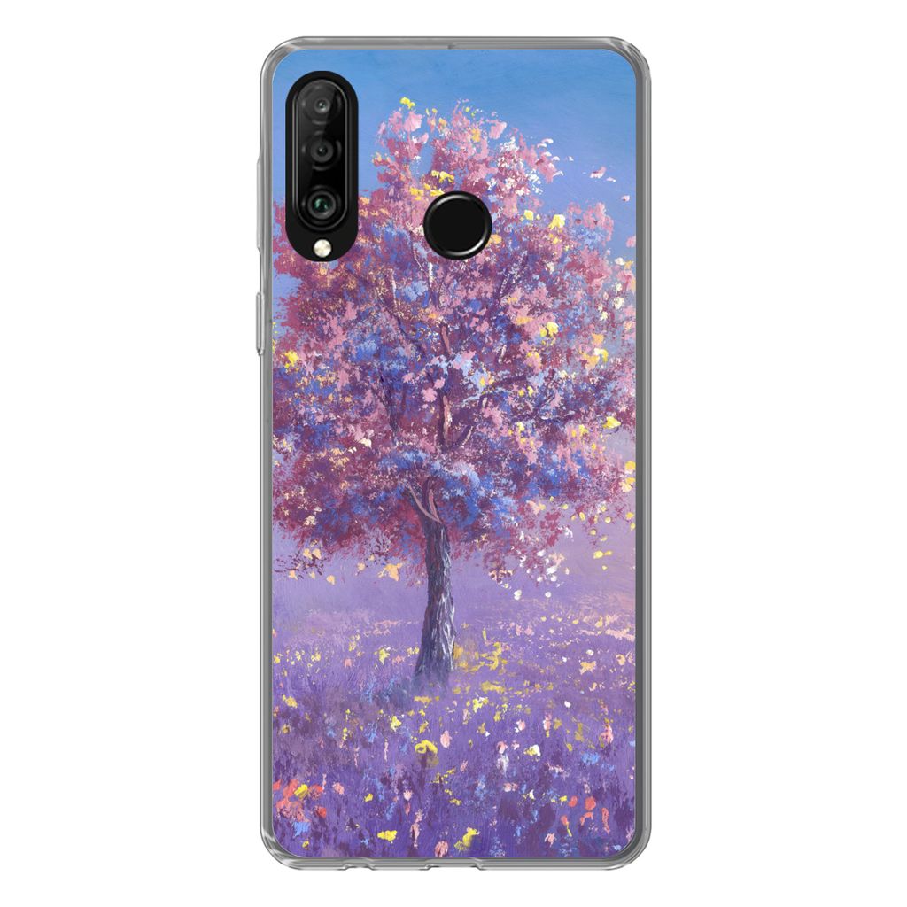 MuchoWow Handyhülle Schutzhülle Hülle für Huawei P30 Lite Baum - Sommer - Rosa Silikon Softcase Handy Hülle - Handyhülle