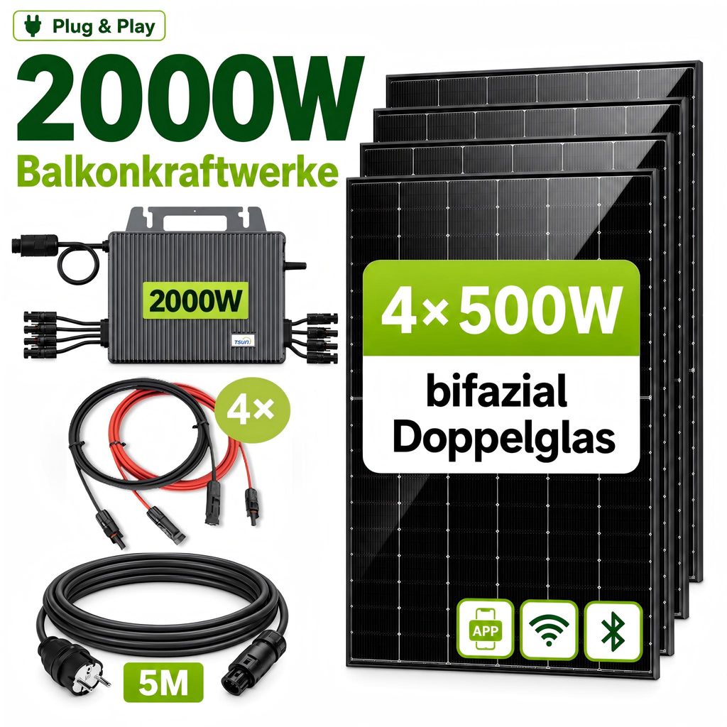 Balkonkraftwerk 2000W  Komplettset mit 4*500Wp Bifaziale Produktbild 