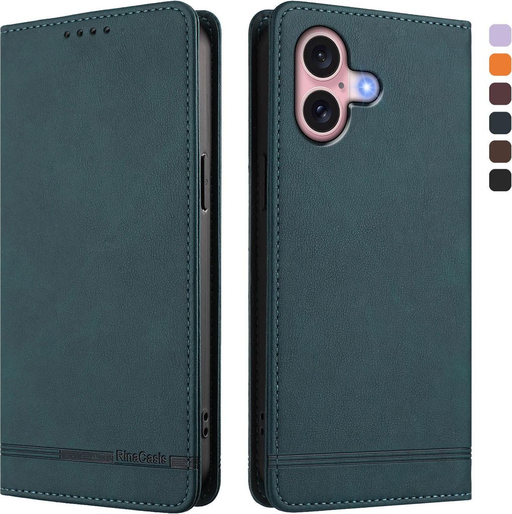 Hülle für iPhone 16, Retro Kunstleder Ständer Klapphülle mit Kartenfächer und Magnetische Grün