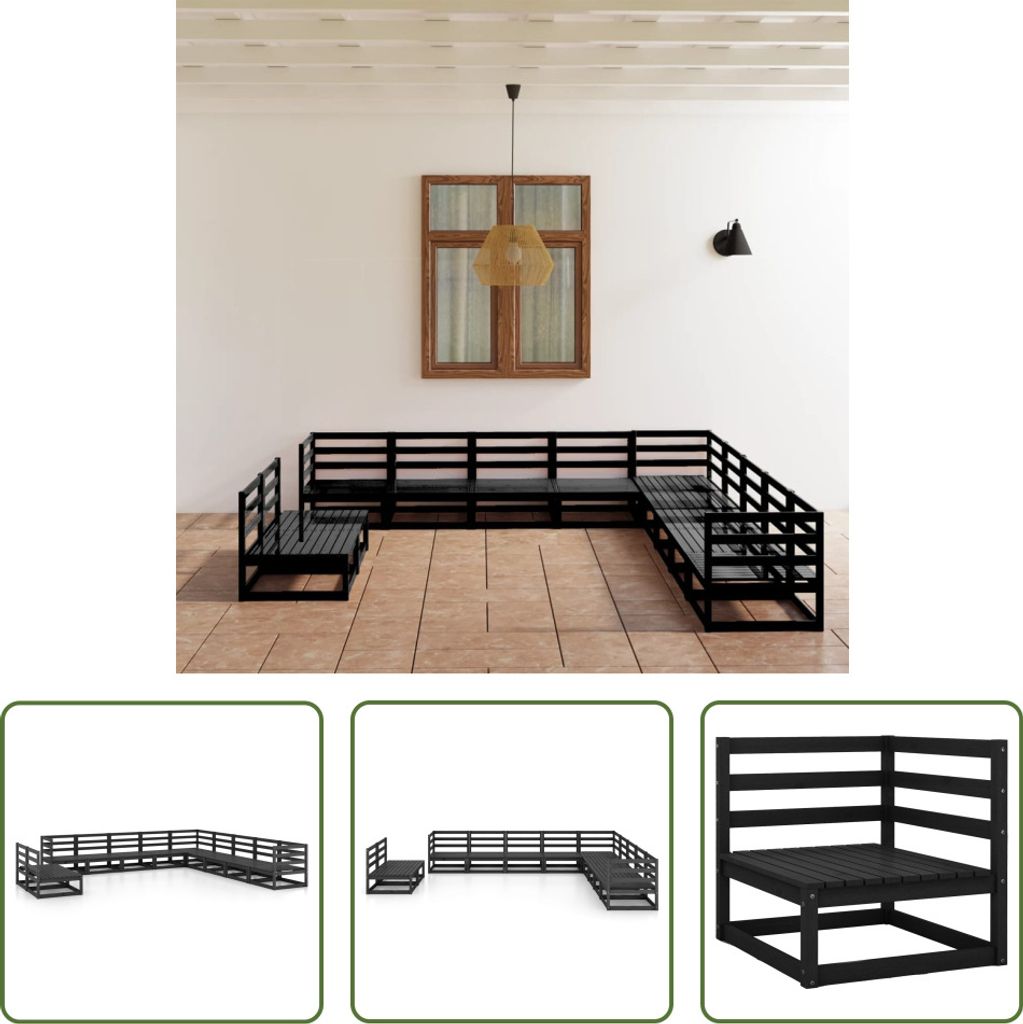 The Living Store 11-tlg. Garten-Lounge-Set Schwarz Massivholz Kiefer