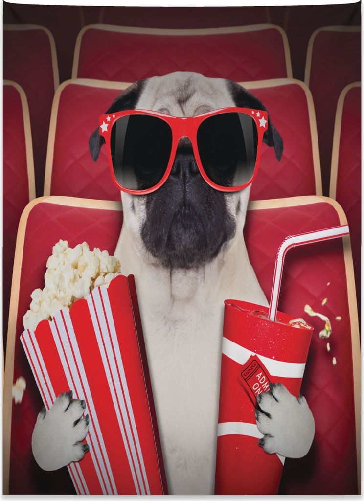 Abakuhaus Mops Wandteppich, Hund, der Film Popcorn aufpasst aus Weiches Mikrofaser Stoff Kein Verblassen Klare Farben Waschbar, 110 x 150 cm, Creme...