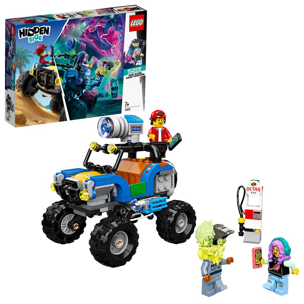 A LEGO Hidden Side playset featuring a buggy, figures, and a gas pump, with the product box in the background.