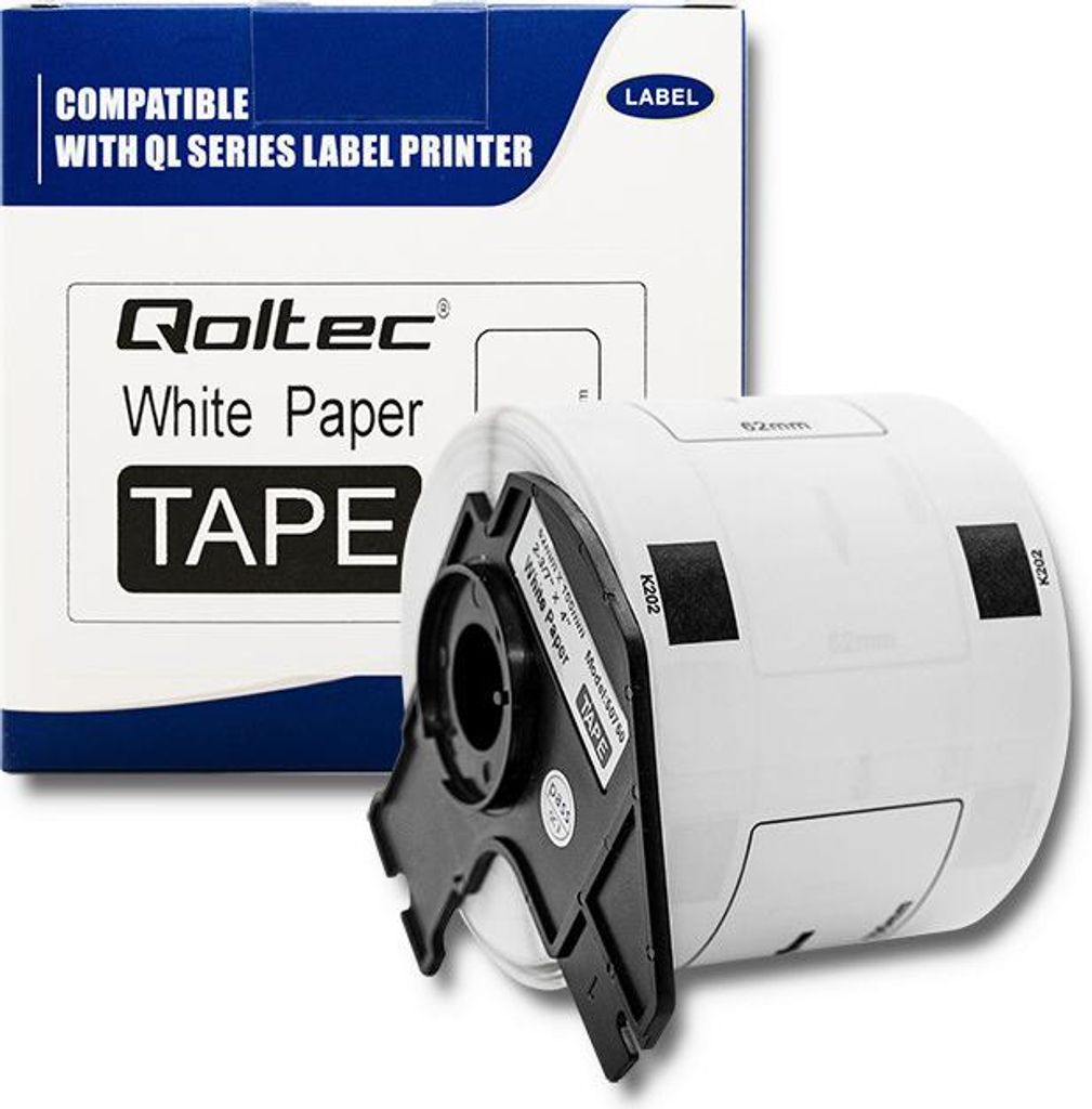 Qoltec Schriftband für BROTHER DK-11202 | 62mm x 100mm | 300 Etiketten | Weiß/Schwarzer Druck | Rolle mit Griff