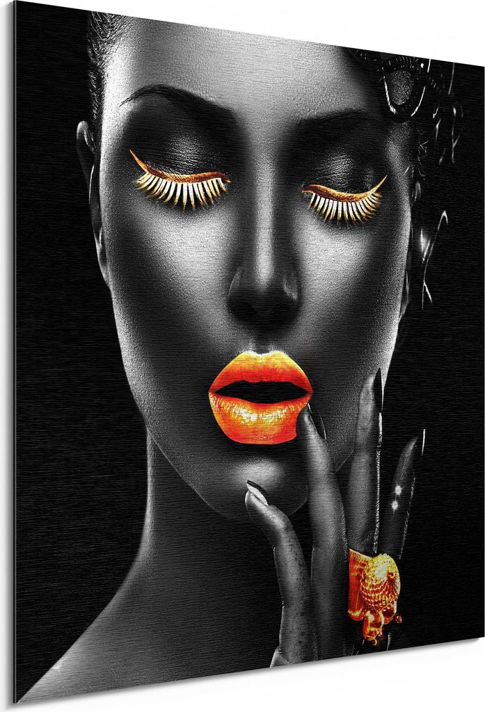 DEQORI Alu-Dibond Bild Silber 50x50 cm 'Frau mit Gold Make-Up' Wandbild Metall dünn