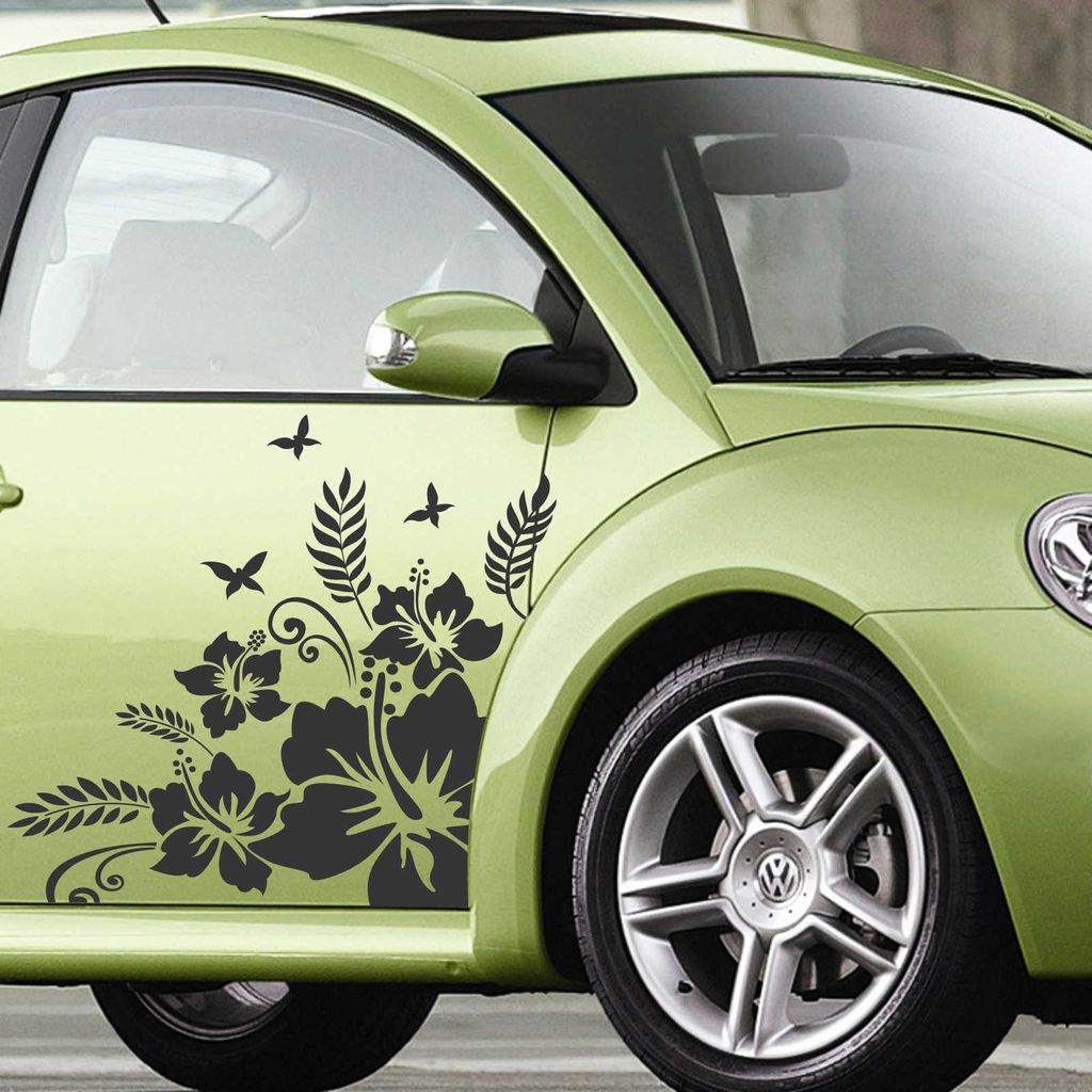 Aufkleber - Autoaufkleber-Set "Hibiskus Ranke" 2 Stk. je 60cm x 60cm schwarz - Tuning Carystyling Heckscheibe Auto