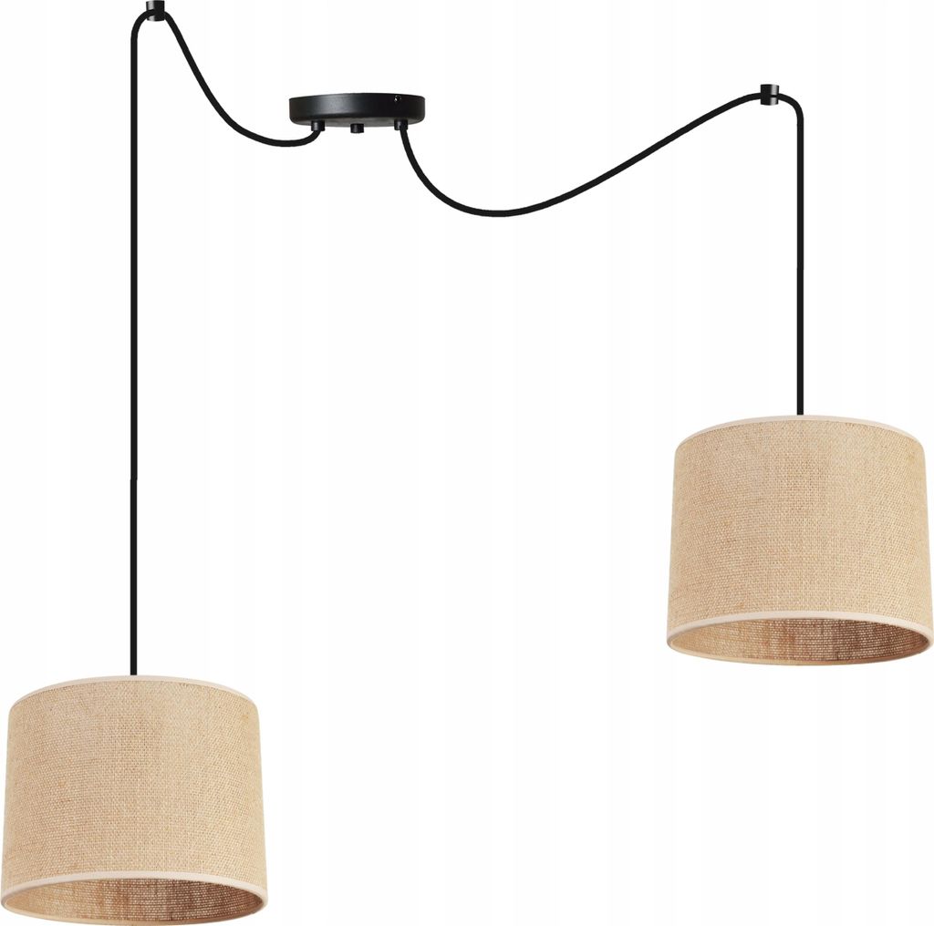 A black spider pendant light with two beige lampshades is shown against a white background.