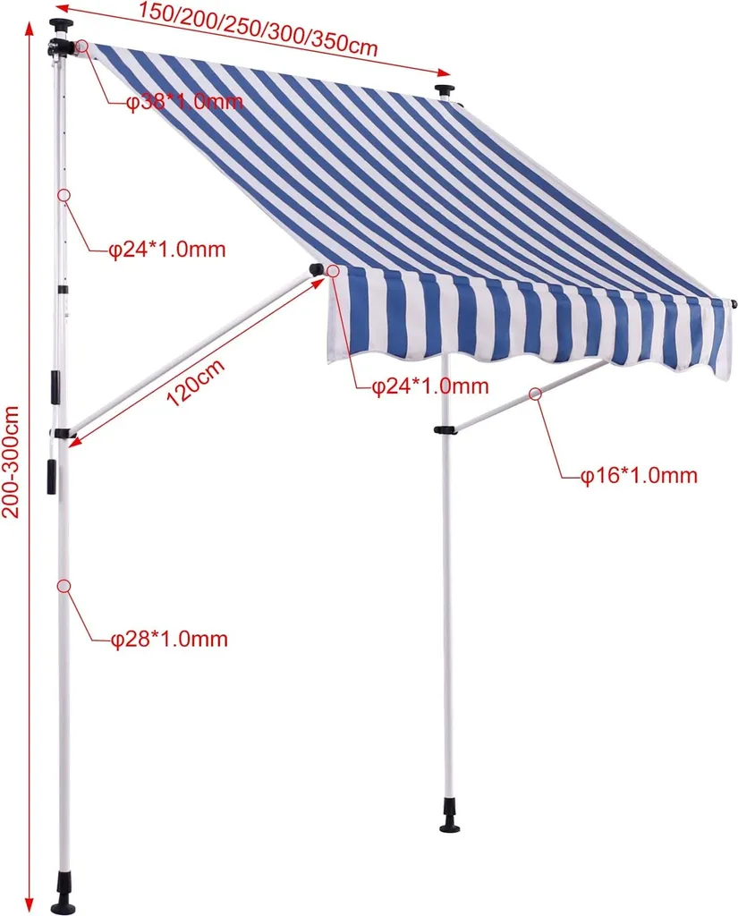 Store manuel 350x120 cm à rayures avec fixation par pression réglable
