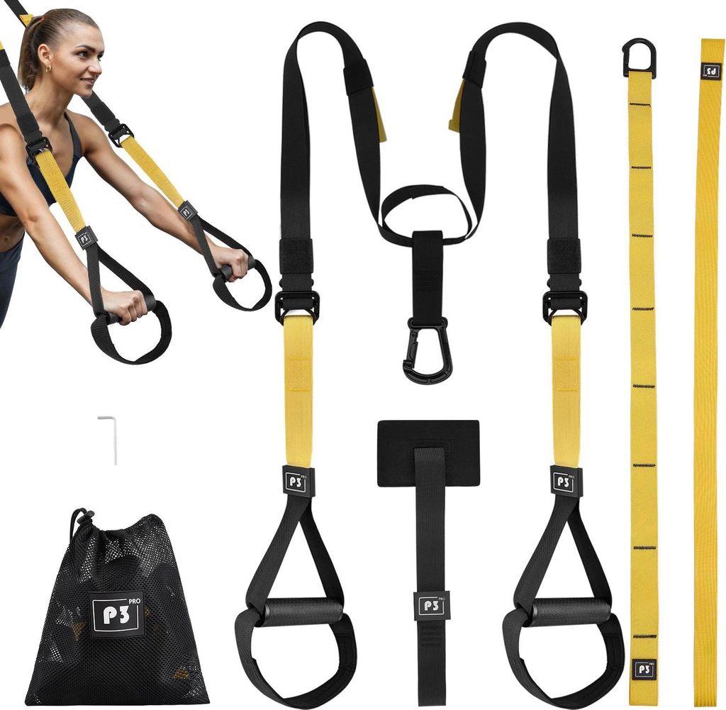 Tragbarer Schlingentrainer - Suspension Trainer - Ganzkörpertraining - 320 kg Traglast - Türanker - Verstellbare Gurte - Indoor & Outdoor - Schwarz