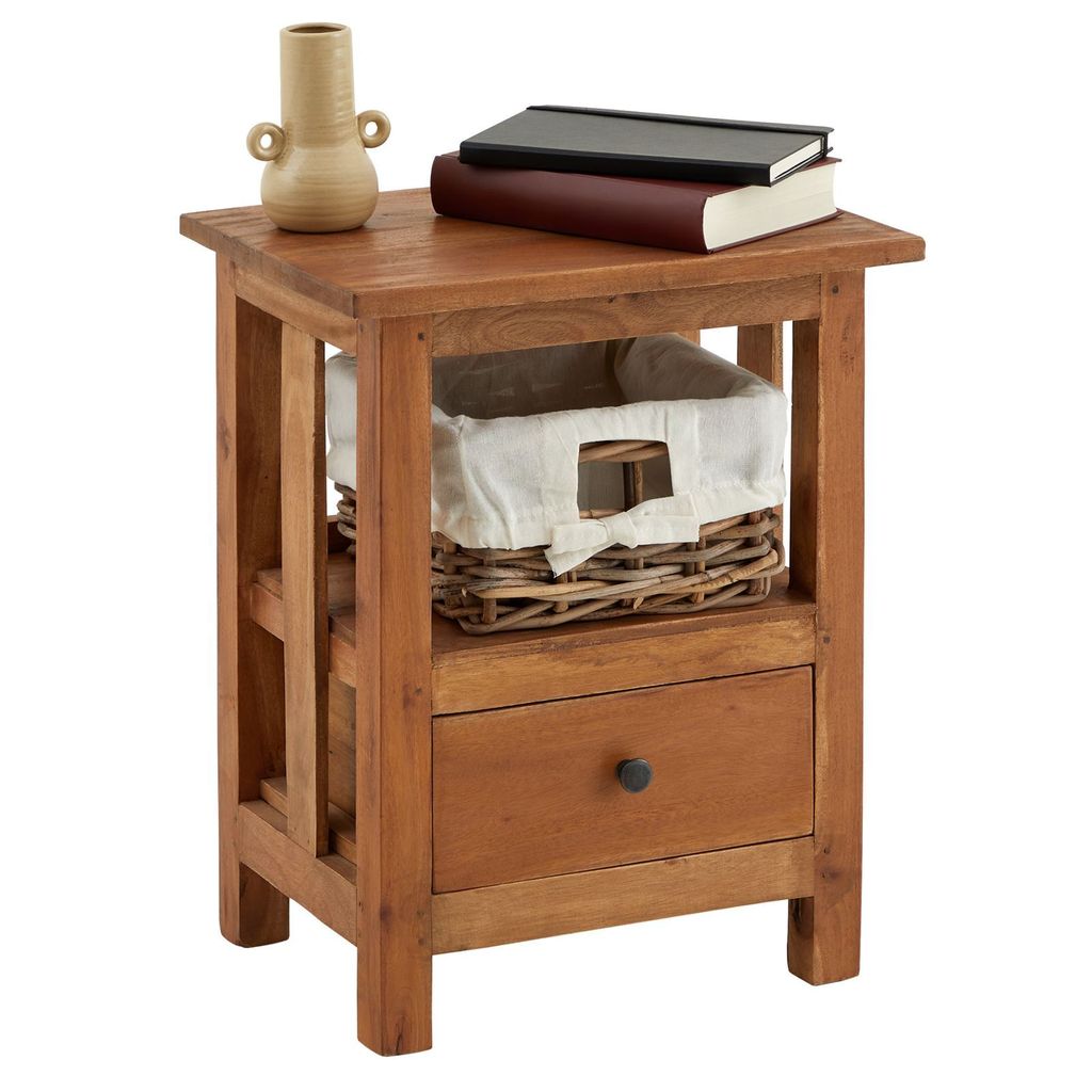 Nachttisch BAVELLA, 1 Schublade, Mahagoni. Mit Korbgeflecht & Stoffeinsatz, schwarzer Metallgriff. Ideal für moderne Schlafzimmer.