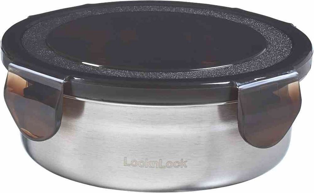 A round stainless steel food container with a black lid and silver clasps.