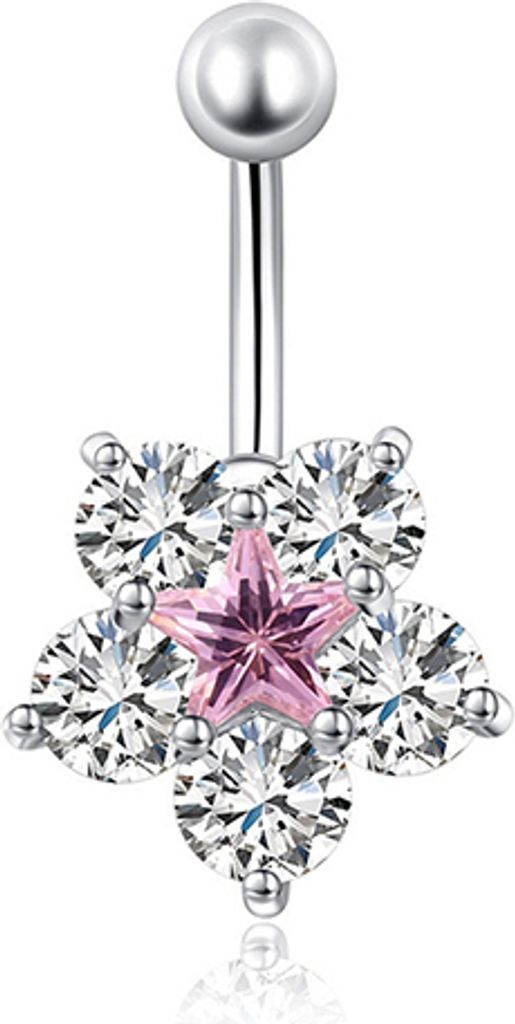 Frauen Strass Blume Bauchnabel Nabel Ring Bar Körper Piercing Schmuck Charme-Silber und Rosa