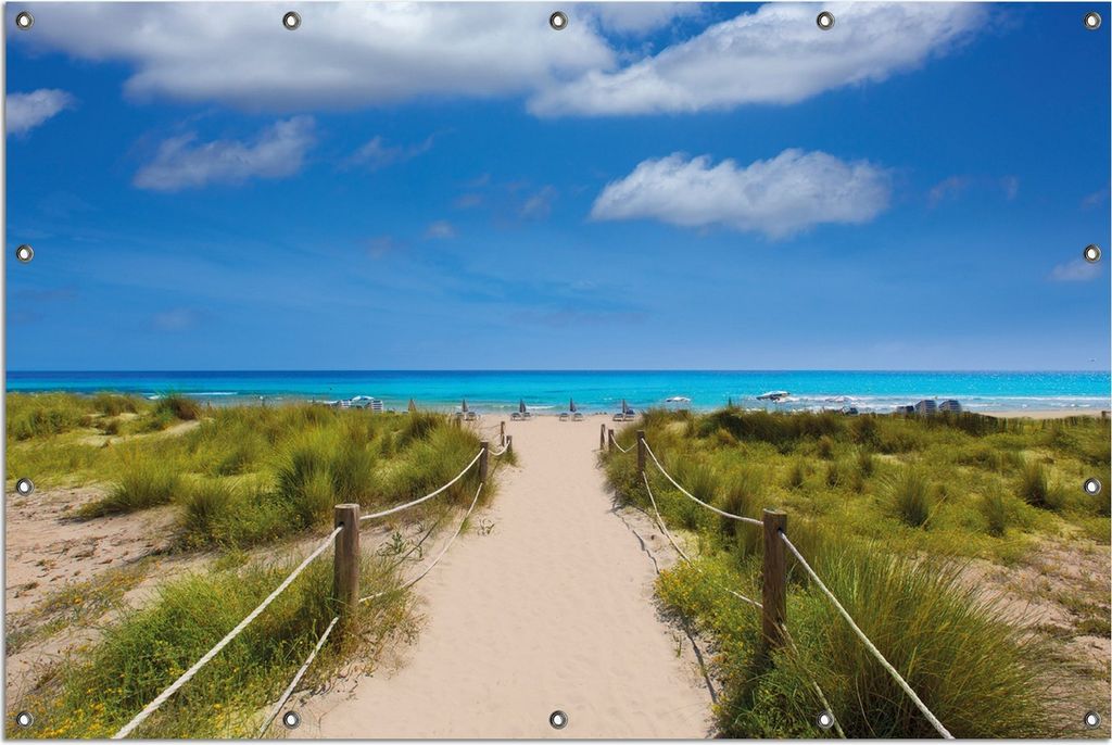 Wallario Outdoor-Poster für Garten oder Balkon, Motiv Sandweg zum blauen Meer mit blauem Himmel, in ca. 120 x 180 cm