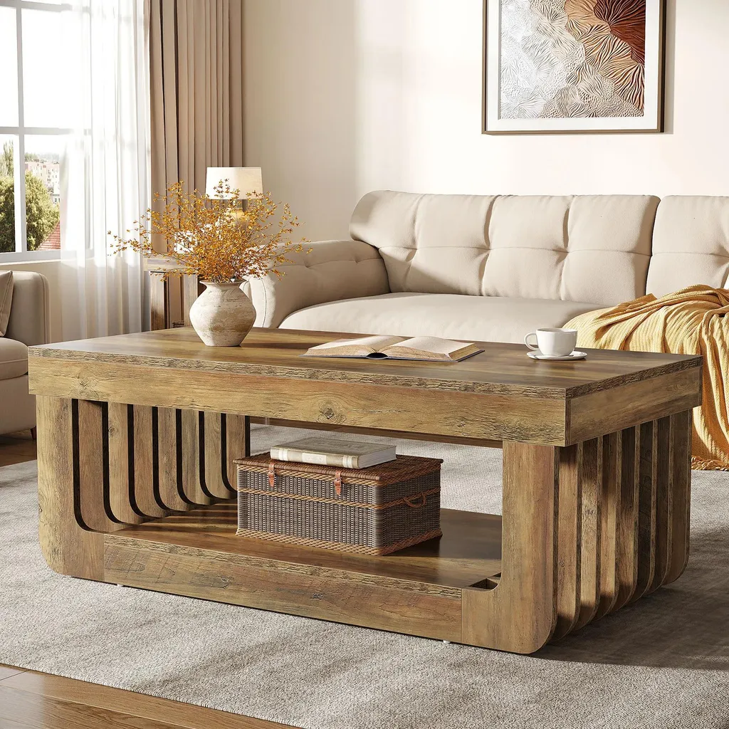 Table basse bois MDF 2 niveaux brun rustique grand format 120x60 cm - 6