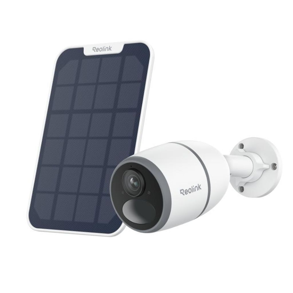 A white security camera and a solar panel are shown against a white background.