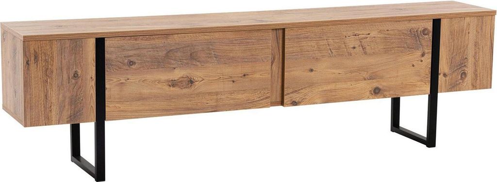 Fernsehschrank Gussola, Ständer für Wohnzimmerfernseher, Niedriges Wohnzimmer-Sideboard, TV-Ständerbasis, 180x30 h50 cm, Kiefer und Schwarz
