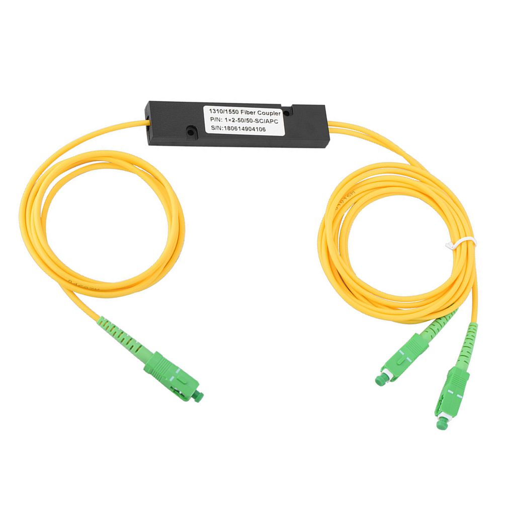 A fiber optic splitter with yellow cables and green connectors on a white background.