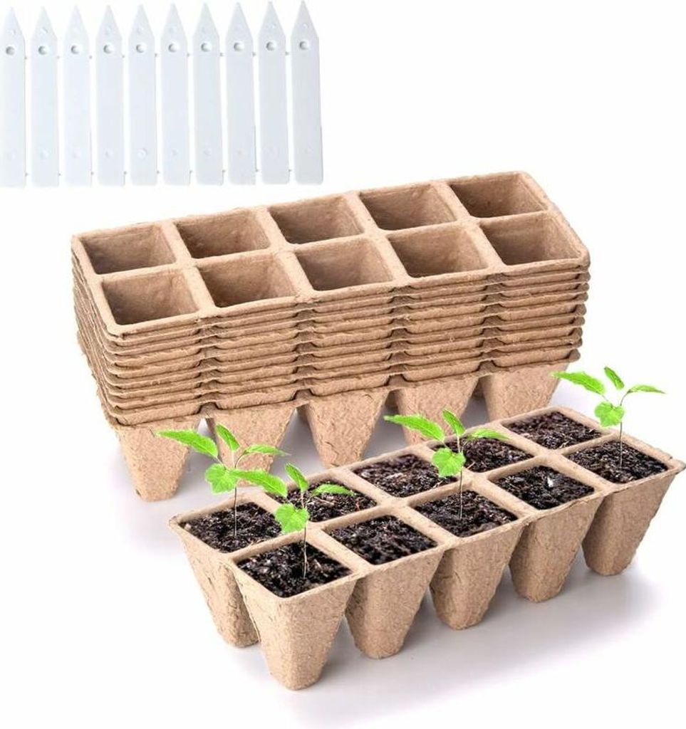 Set mit 10 Torftöpfen, 100 biologisch abbaubaren Zellen für die Anzucht von Setzlingen im Innen- und Außenbereich, inklusive 10 Pflanzenetikette...