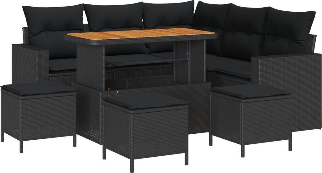 Möbel 9-teilige Garten Sofa Set mit Kissen Schwarz Poly Rattan Akazie, 4-teiliges Garten Essset mit Kissen Schwarz Poly Rattan Akazie - Gartensofa...
